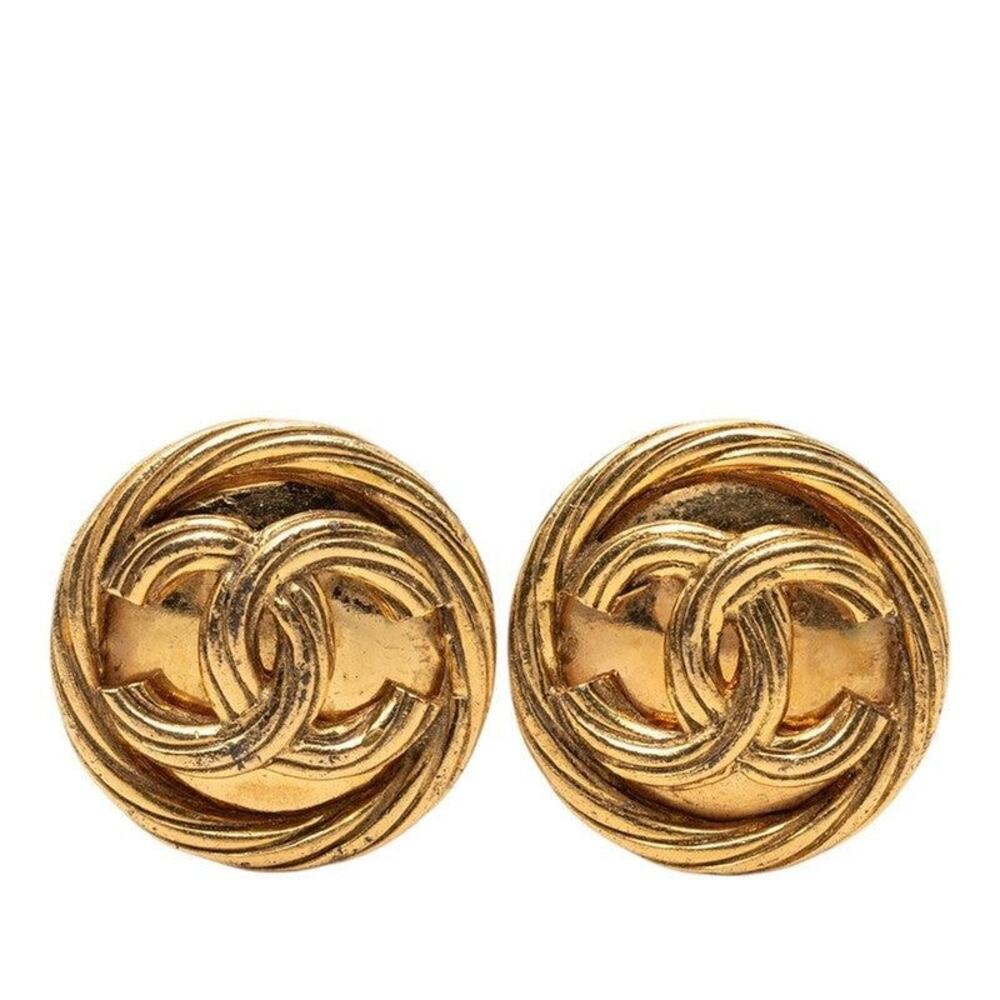 Chanel CC Logo Vintage Round Earrings Gold Plated GP
